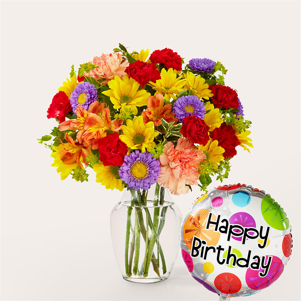 Kaleidoscope Bouquet with Birthday Balloon –  New Rochelle Florist, New Rochelle NY