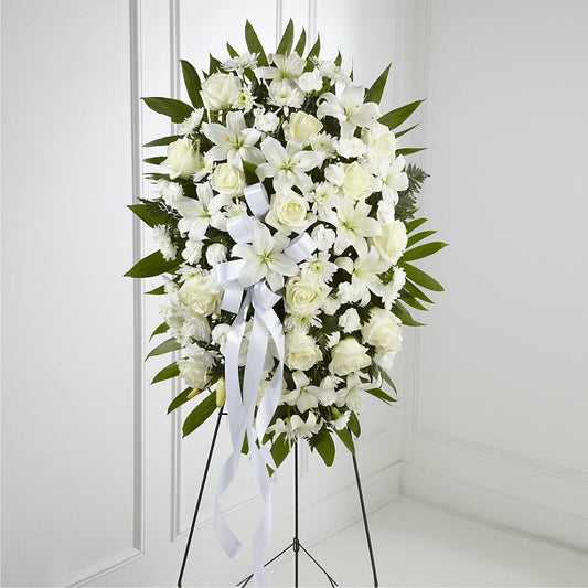 Exquisite Tribute Standing Spray-White Ribbon –  New Rochelle Florist, New Rochelle NY