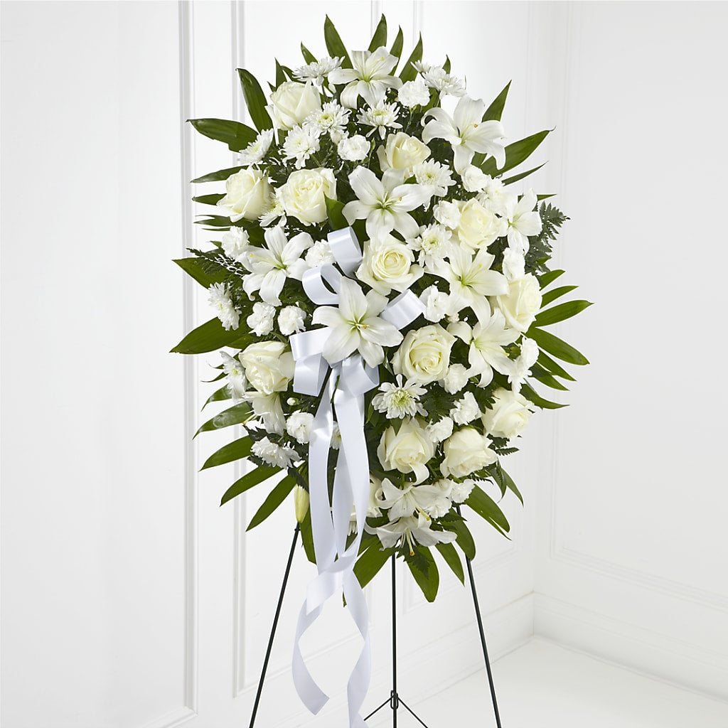 Exquisite Tribute Standing Spray-White Ribbon –  New Rochelle Florist, New Rochelle NY