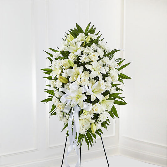 Exquisite Tribute Standing Spray-White Ribbon –  New Rochelle Florist, New Rochelle NY